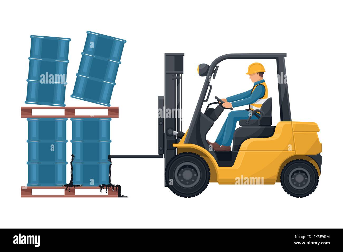 Accident du chariot élévateur. Chariot élévateur heurtant le baril d'huile hydraulique ou de pétrole, matériaux toxiques. Sécurité de conduite du chariot élévateur. La sécurité avant tout. Industriel Illustration de Vecteur