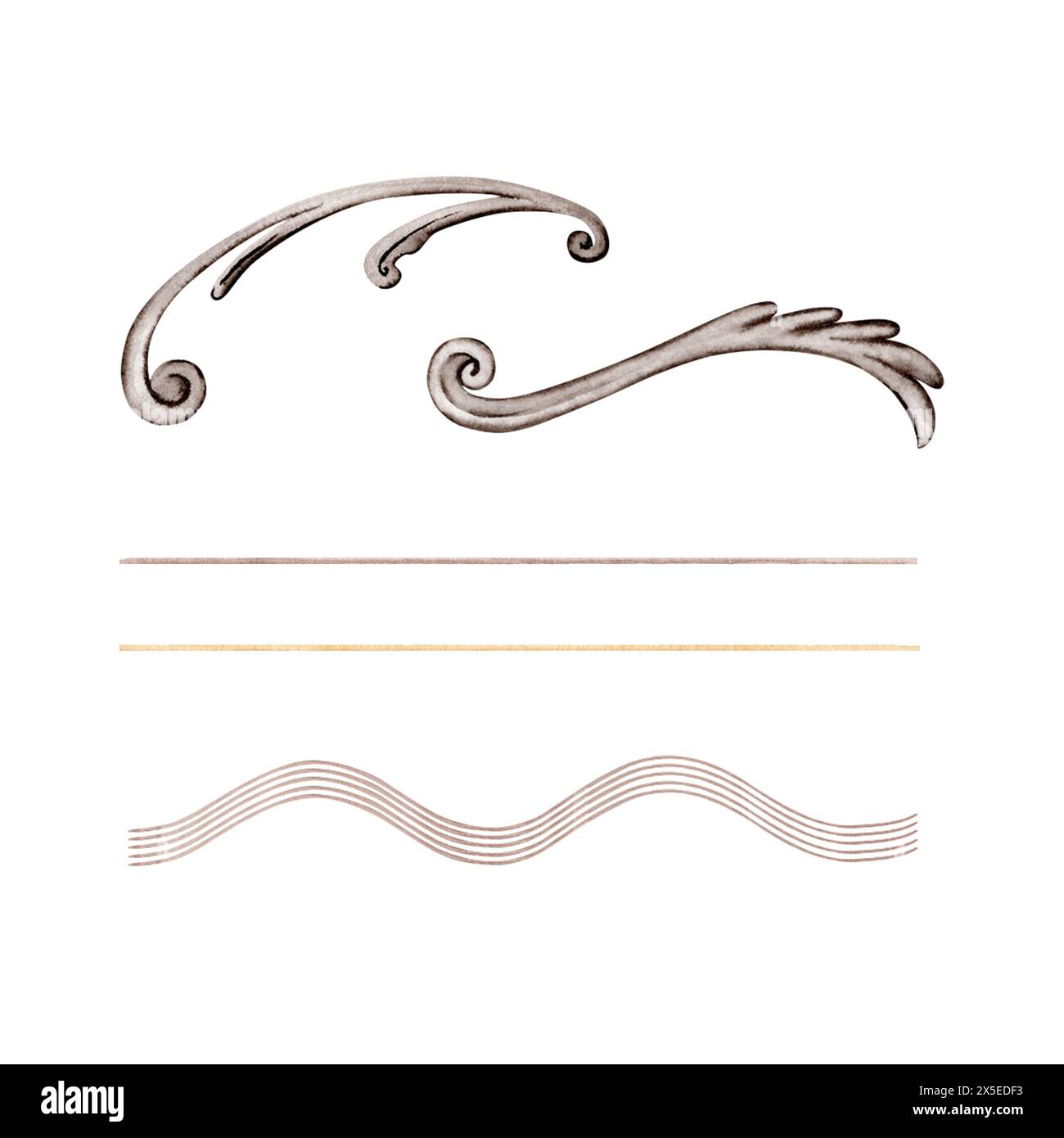 Ensemble de décorations ornementales, lignes et personnel de musique. Illustration d'aquarelle dessinée à la main isolée sur fond blanc. Éléments de conception de partitions musicales Banque D'Images