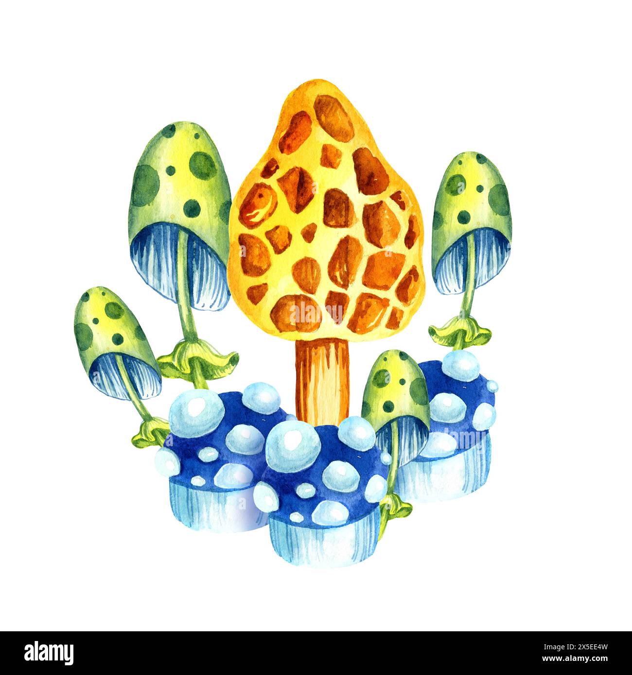 composition aquarelle de fond blanc de champignons multicolores cosmiques fantastique, illustration dessinée à la main avec plante colorée magique, couleur néon, pour fa Banque D'Images
