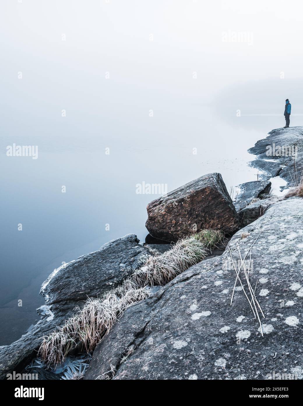 Une personne seule se tient au bord d'un lac serein couvert de brume. L'atmosphère tôt le matin est tranquille, avec des rochers couverts de gel et de l'herbe indicati Banque D'Images