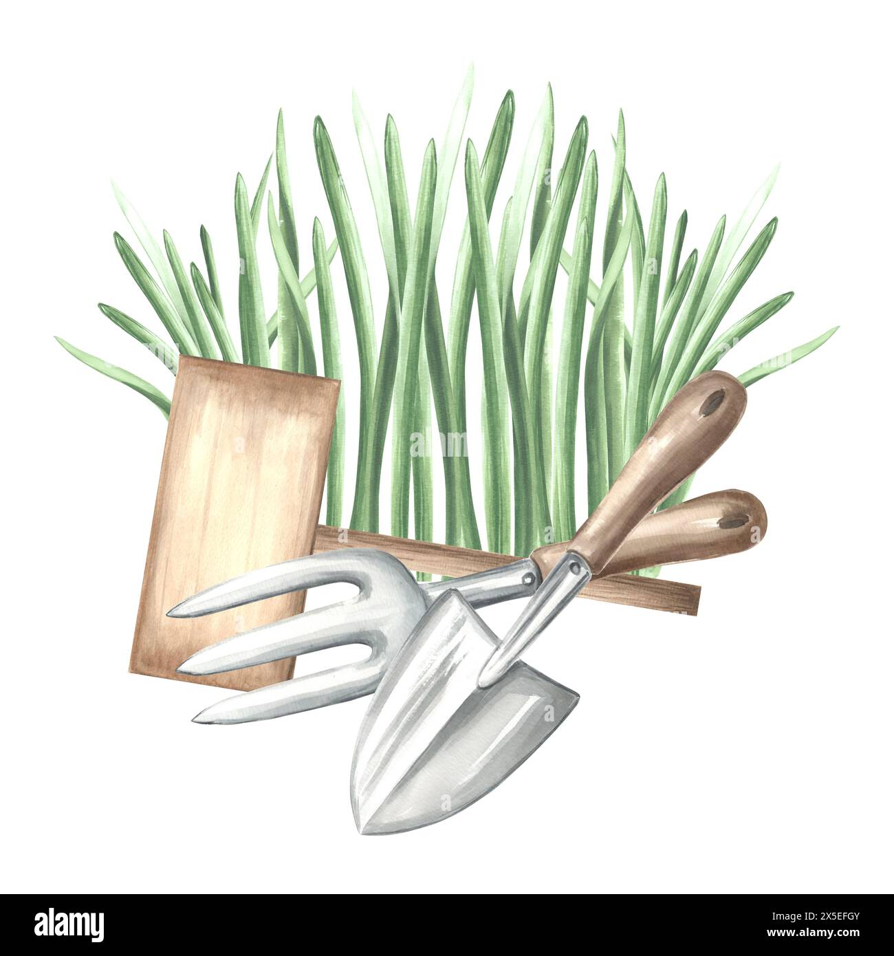 Semis de verdure avec truelle, râteau et signe. Outils de jardinage, fournitures et herbe. Illustration d'aquarelle dessinée à la main, composition isolée. Équipement Banque D'Images