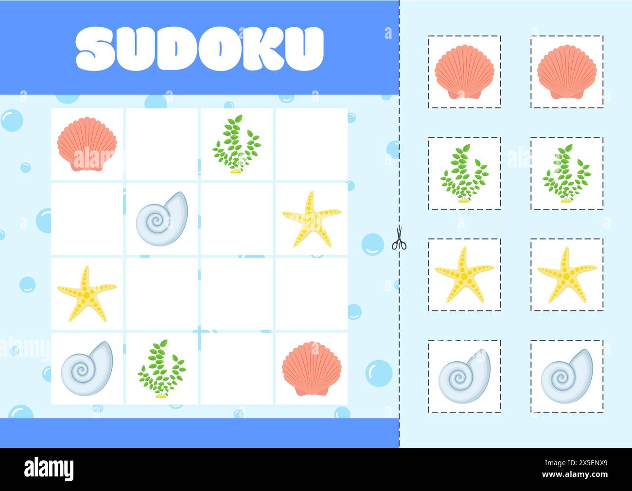 Jeu de logique pour enfants - Sudoku avec des images sur un thème marin. Algues, coquillages. Illustration vectorielle. Illustration de Vecteur