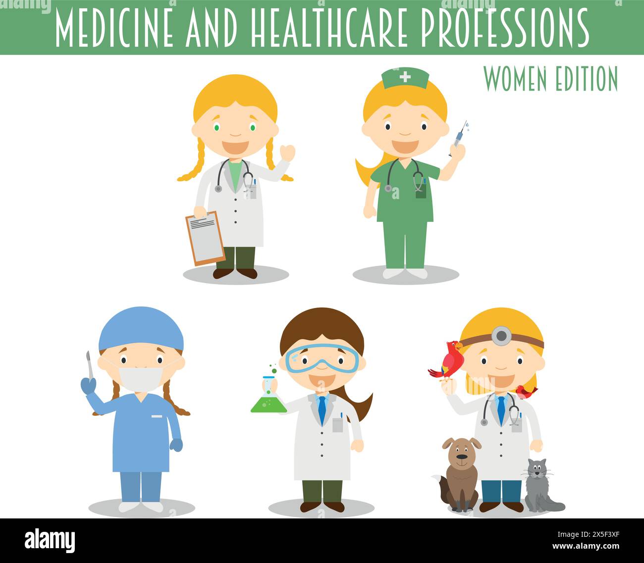 Ensemble vectoriel de professions de médecine et de soins de santé dans le style de dessin animé. Édition femme. Illustration de Vecteur