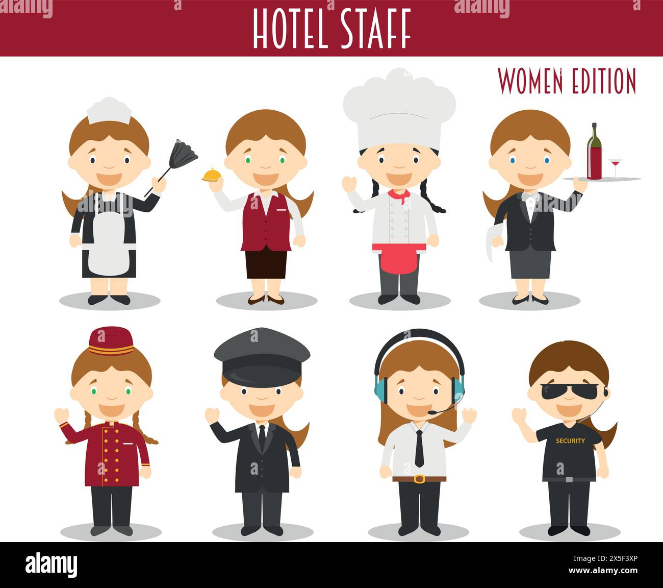 Ensemble vectoriel de professions du personnel de l'hôtel dans le style de dessin animé. Édition femme. Illustration de Vecteur