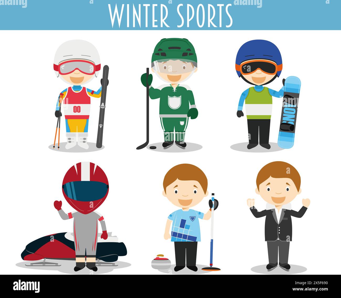 Ensemble vectoriel de sports d'hiver dans le style de bande dessinée Illustration de Vecteur
