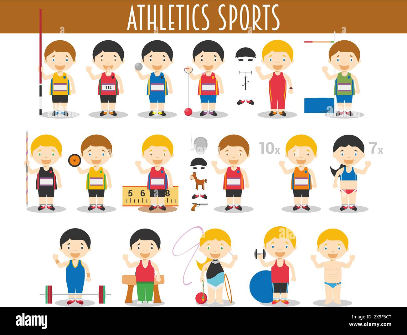 Ensemble vectoriel de sports d'athlétisme et de gymnastique dans le style de dessin animé Illustration de Vecteur
