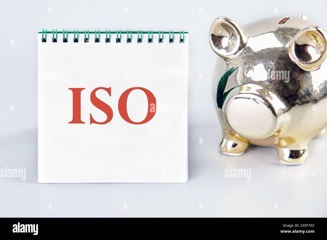 ISO. Organisation internationale de normalisation. Un mot ISO sur un carnet vertical près de la tirelire sur un fond clair Banque D'Images