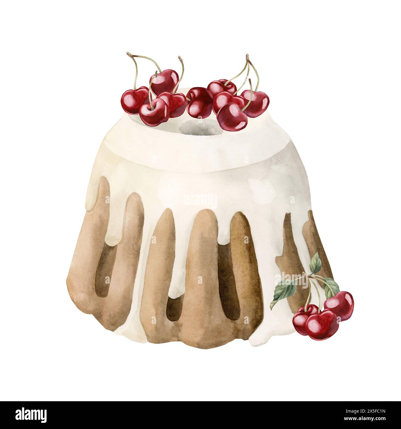 Gâteau avec glaçage blanc et baies de cerises fraîches. Illustration dessinée à la main à l'aquarelle isolée sur fond blanc pour la conception de boulangerie et de confiserie, c Banque D'Images