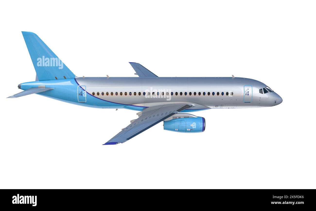 Avion de passagers gris blu commercial isolé sur fond transparent Banque D'Images