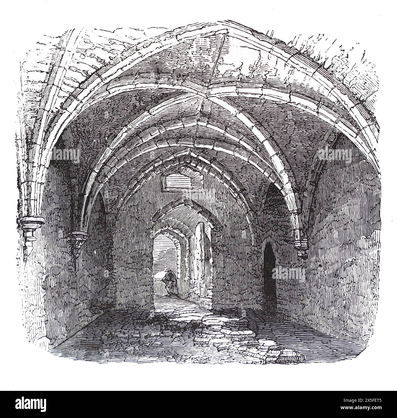 Chambre voûtée sous le château de Chepstow. Illustration en noir et blanc de notre propre pays vol III publié par Cassell, Petter, Galpin & Co à la fin du XIXe siècle. Banque D'Images