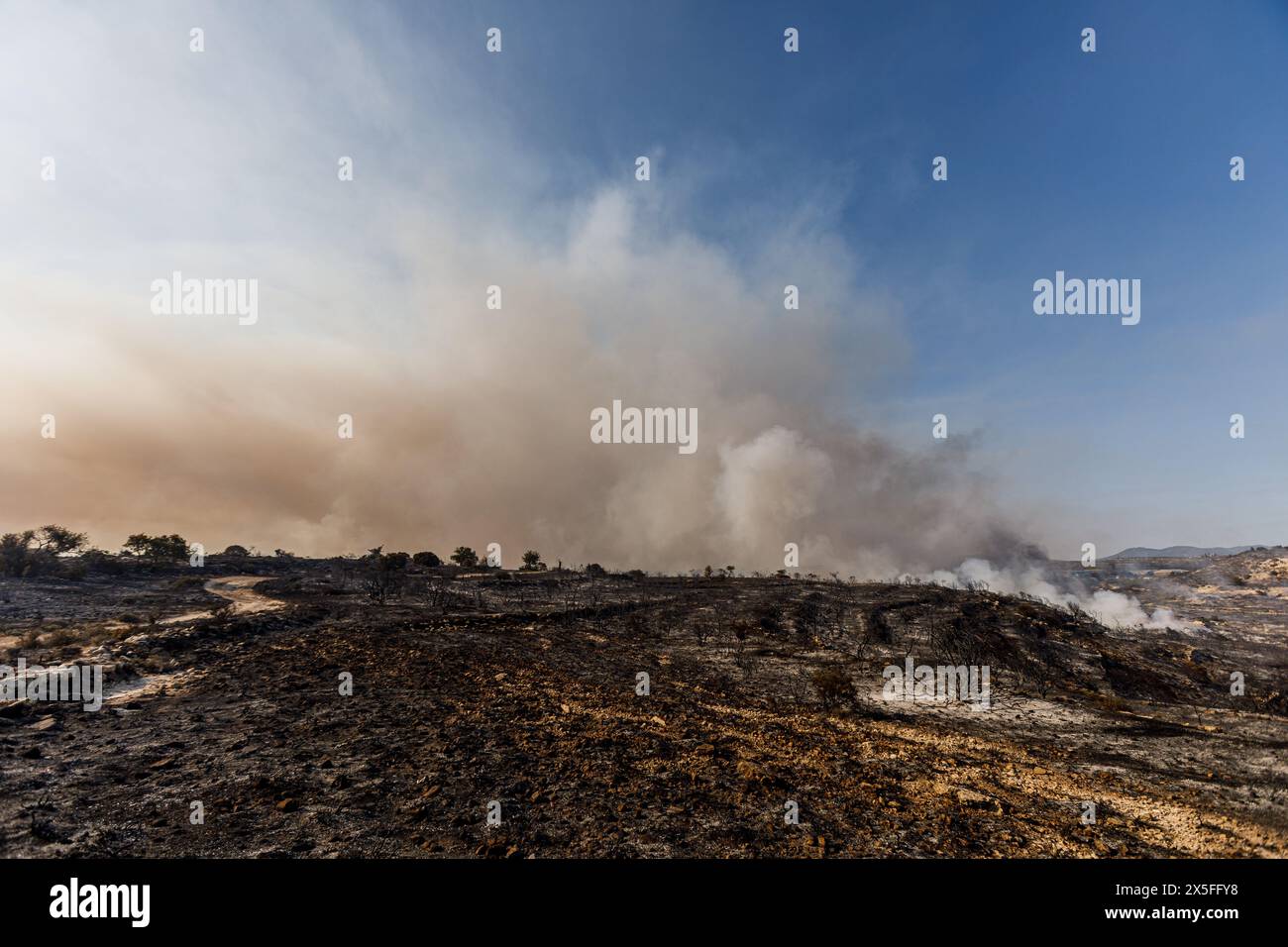 Limassol, Limassol, Chypre. 9 mai 2024. La fumée monte au-dessus de la zone incendiée de Limassol, Chypre, en mai. 9, 2024. Un feu de forêt a éclaté dans la zone industrielle d'Ipsonas, à quelques kilomètres du centre de Limassol, qui a brûlé principalement de la végétation sauvage. (Crédit image : © Kostas Pikoulas/ZUMA Press Wire) USAGE ÉDITORIAL SEULEMENT! Non destiné à UN USAGE commercial ! Banque D'Images