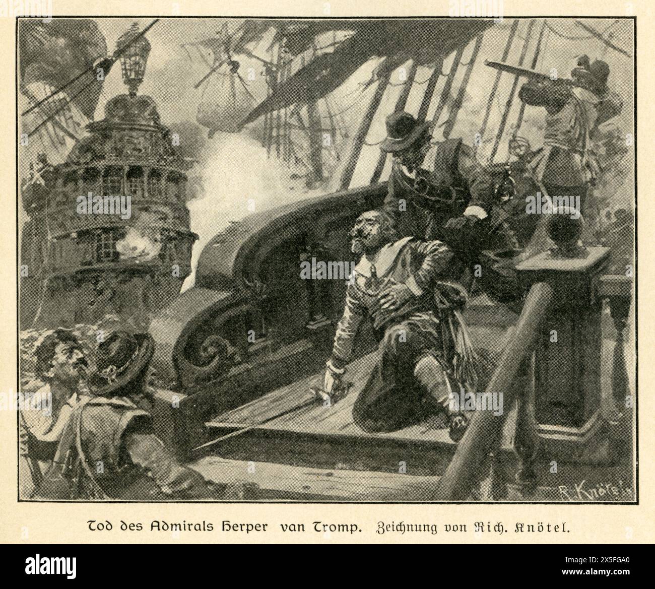 Europa, Niederlande, Originaltext : Tod des Admirals Herper van Tromp , Zeichnung von Richard Knötel ( 1857 - 1914 ) , Rechte werden nicht vertreten ) , Motiv aus : Seehelden und Seeschlachten in neuerer und neuester Zeit , von Korvettenkapitän A.D. von Holleben, Verlag Otto Spamer , Leipzig , 1913 . / Europe, pays-Bas, texte original : Tod des amiraux Herper van Tromp ( mort de l'amiral Herper van Tromp ) , dessin de Richard Knötel ( 1857 - 1914 ) , il n'y a pas de droits , image de : Seehelden und Seeschlachten in neuerer und neuester Zeit ( héros navals et batailles navales Banque D'Images