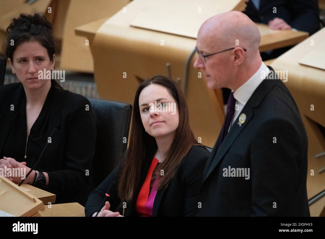 Édimbourg, Écosse, Royaume-Uni. 9 mai 2024. SUR LA PHOTO : (l) Kate Forbes MSP, députée du premier ministre écossais ; (R), John Swinney MSP, premier ministre écossais et chef du Parti national écossais (SNP). Nomination des ministres écossais et des jeunes ministres écossais, quelques jours après que John Swinney MSP a été élu nouveau premier ministre d'Écosse. Scènes à l'intérieur du Parlement écossais à Holyrood. Crédit : Colin d Fisher crédit : Colin Fisher/Alamy Live News Banque D'Images