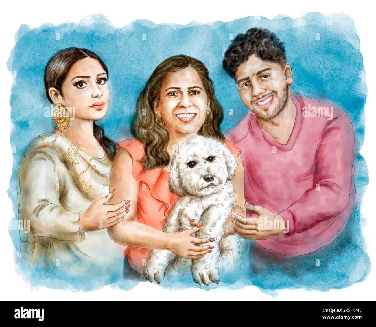 Portrait de la famille heureuse des Indes orientales. Mère, daugther et fils tenant le chien chiot Goldendoodle. Peinture à l'aquarelle. Banque D'Images Portrait de la famille heureuse des Indes orientales. Mère, daugther et fils tenant le chien chiot Goldendoodle. Peinture à l'aquarelle. Banque D'Images