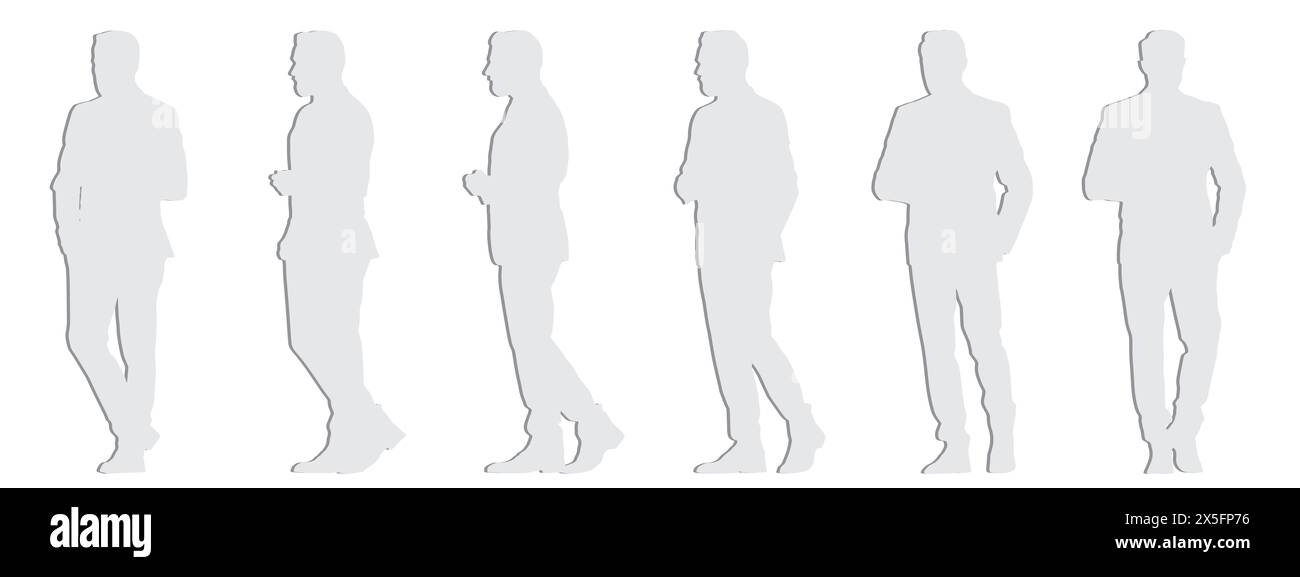 Concept conceptuel silhouette découpée en papier gris d'un homme dans un costume élégant de différentes perspectives isolé sur fond blanc. Banque D'Images