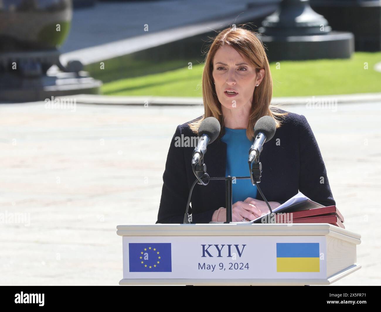 KIEV, UKRAINE - 9 MAI 2024 - la présidente du Parlement européen Roberta Metsola assiste à une conférence de presse conjointe avec le président ukrainien Volodymyr Zelenskyy à Kiev, capitale de l'Ukraine. Banque D'Images