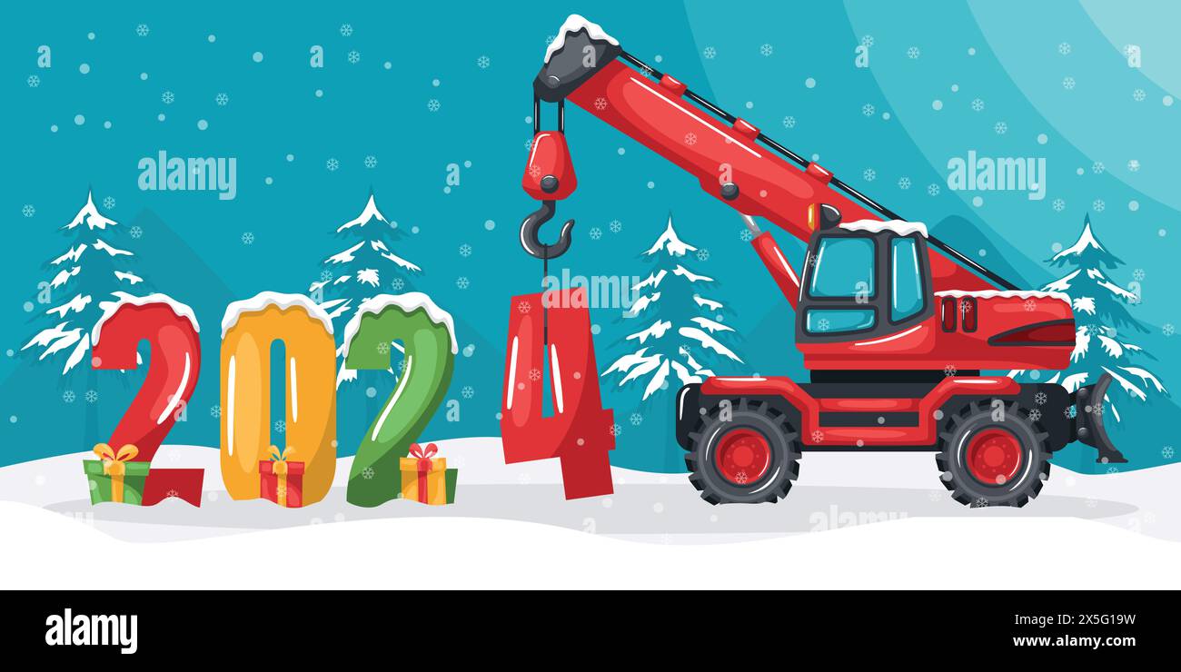 Grue télescopique à roues rouges plaçant l'année 2024. Paysage d'hiver de Noël avec de la neige. Célébrer le début d'une bonne année. Machine lourde Illustration de Vecteur