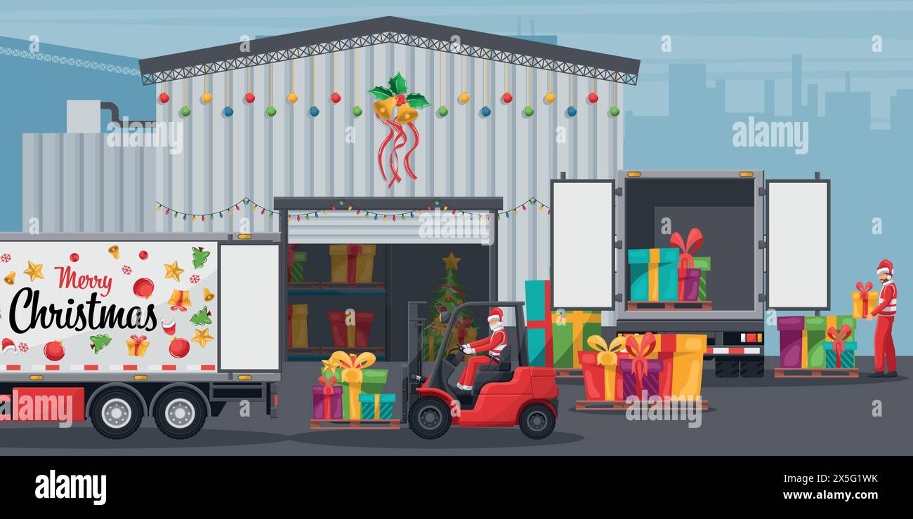 Extérieur d'un entrepôt décoré de lumières de noël. Père Noël conduisant un chariot élévateur chargeant des boîtes cadeaux à un camion conteneur. Campagne de Noël Illustration de Vecteur