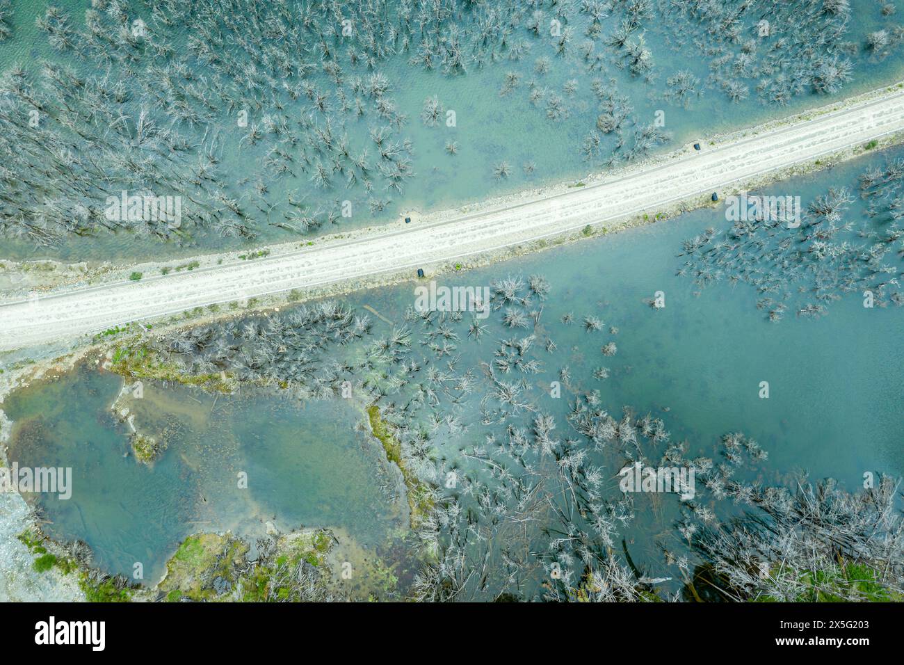 Forêt inondée avec des arbres morts, rivière Rio Norte damnée par un glissement de terrain, nouvelle route passant par le nouveau lac créé, Valle Exploradores près de Puerto Rio Tranquilo, Banque D'Images