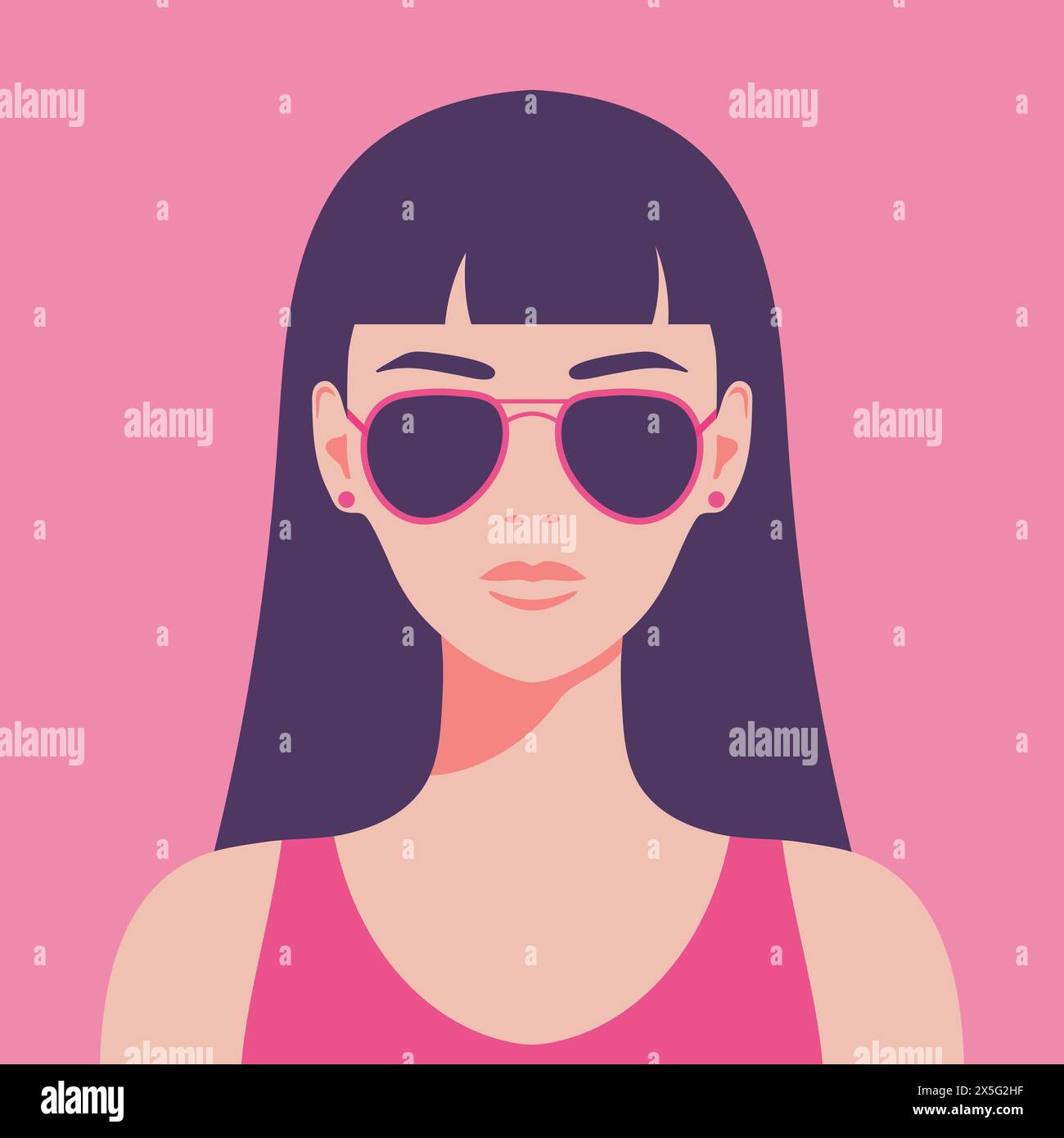 Jeune femme portant des lunettes de soleil. Portrait ou avatar d'une jeune femme aux longs cheveux foncés en lunettes de soleil. Illustration vectorielle Illustration de Vecteur