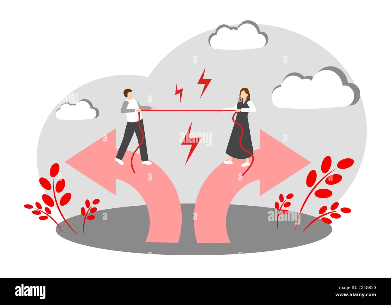 Un homme et une femme se disputent. Remorqueur de guerre. Situation de conflit. Argument Illustration de Vecteur