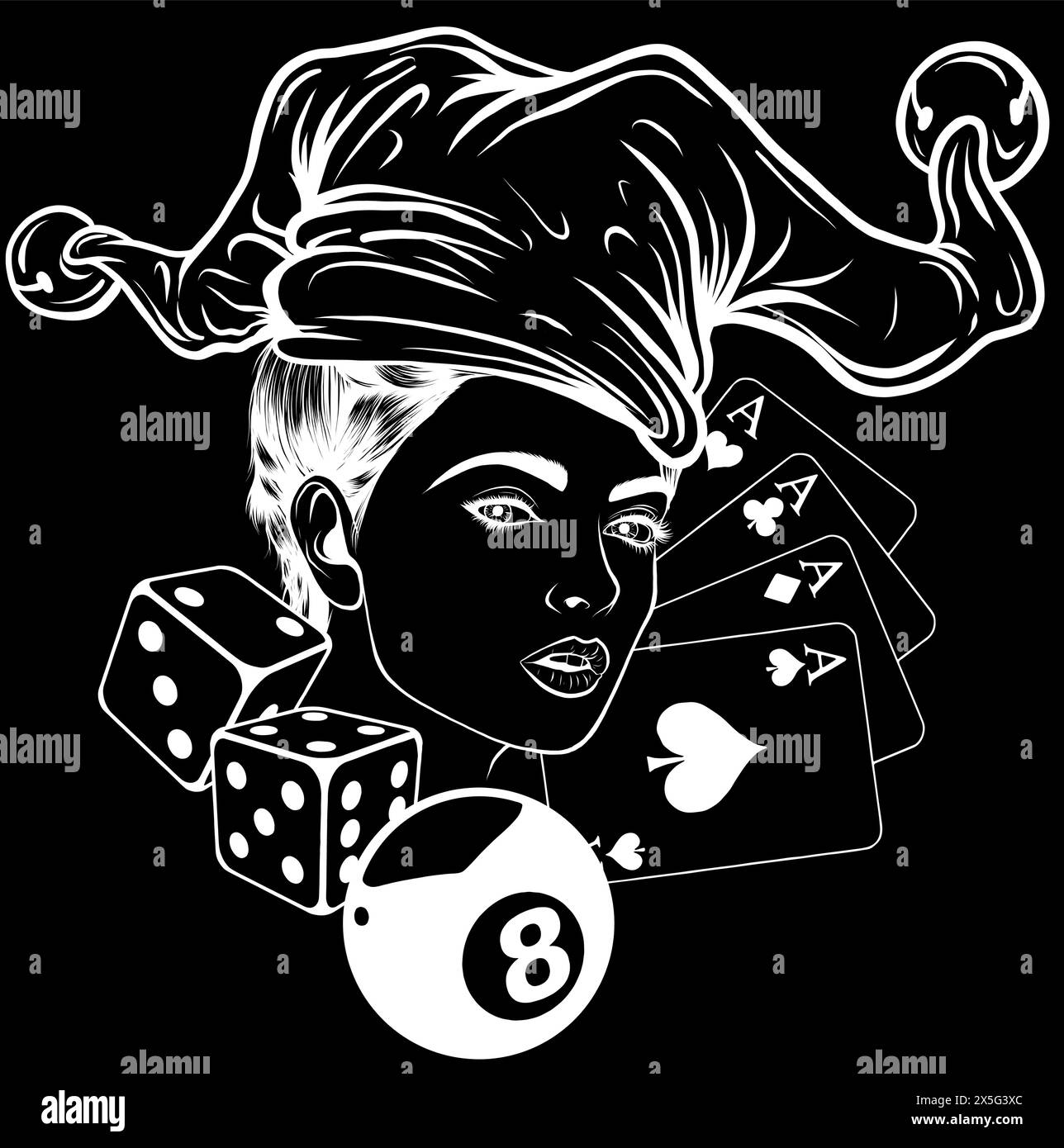 silhouette blanche de la tête de femme de sucre avec chapeau de joker sur fond noir Illustration de Vecteur