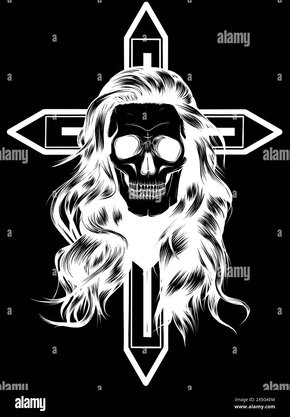 silhouette blanche de crâne humain de femme avec de longs cheveux sur croix romaine sur fond noir. dessin à la main de conception d'illustration vectorielle Illustration de Vecteur