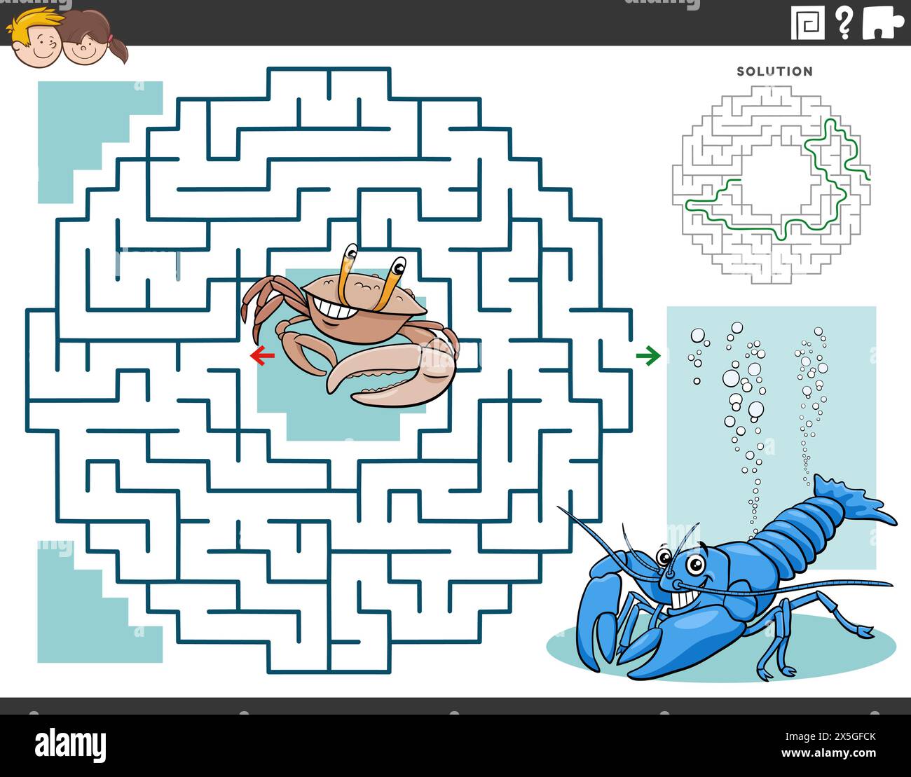 Illustration de dessin animé du jeu de puzzle labyrinthe éducatif pour les enfants avec des personnages d'animaux de crabe et d'écrevisse Illustration de Vecteur