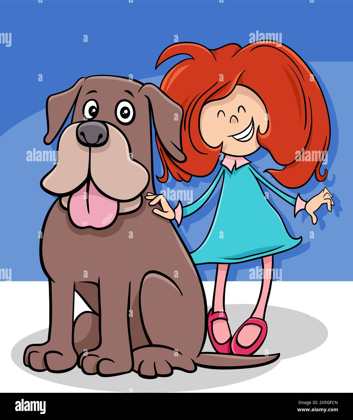 Illustration de dessin animé de la petite fille avec le personnage drôle de grand chien Illustration de Vecteur