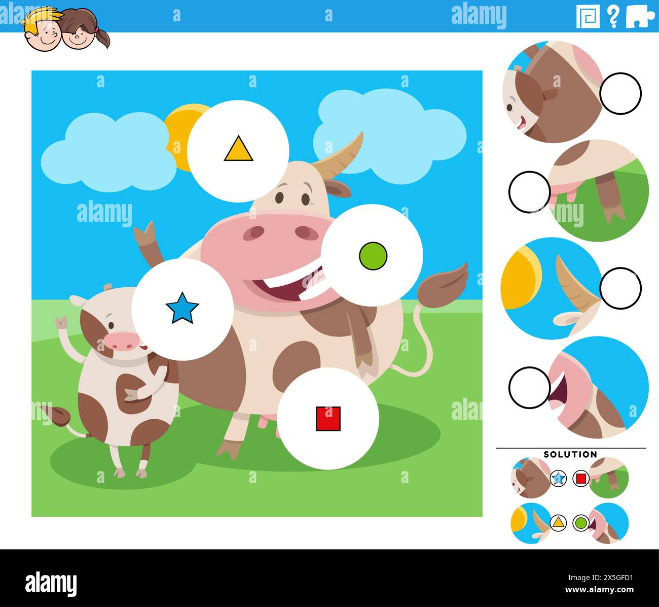 Illustration de dessin animé de match éducatif les pièces Jigsaw puzzle activité avec des personnages d'animaux de ferme de vache et de veau Illustration de Vecteur