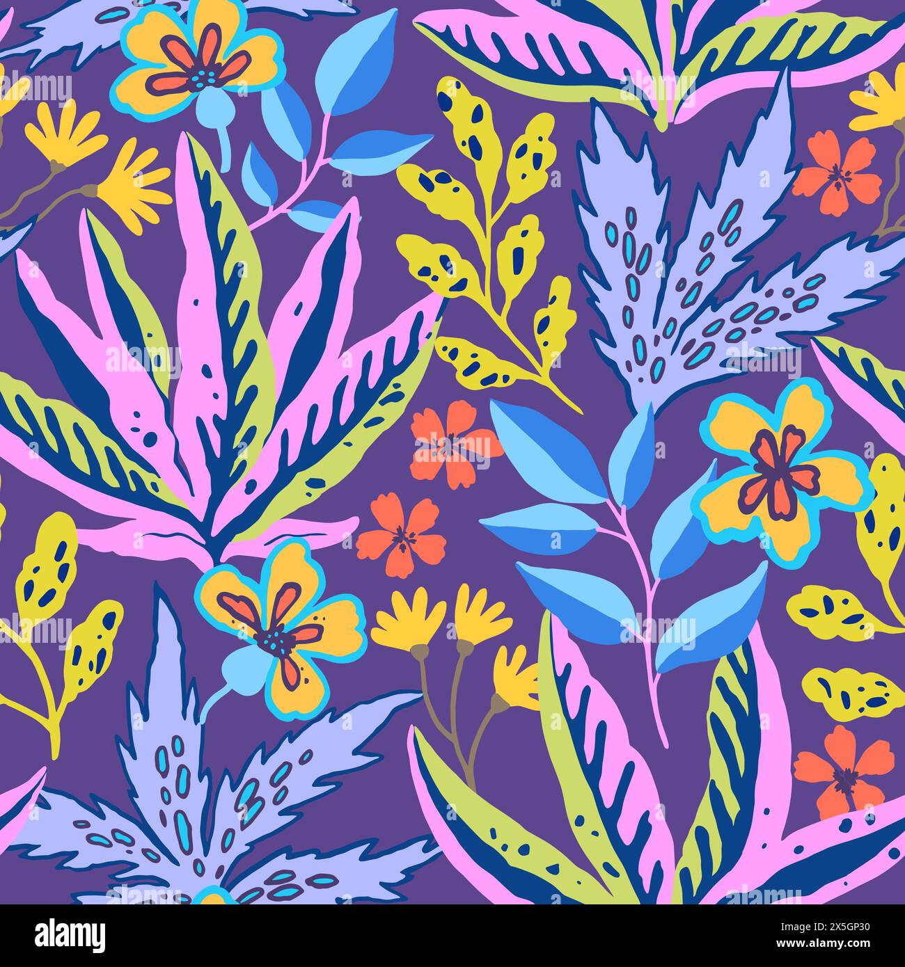 Motif tropical coloré sans couture. Motif psychédélique abstrait avec des éléments végétaux et floraux. Imprimé joyeux pour le design. Illustration vectorielle Illustration de Vecteur