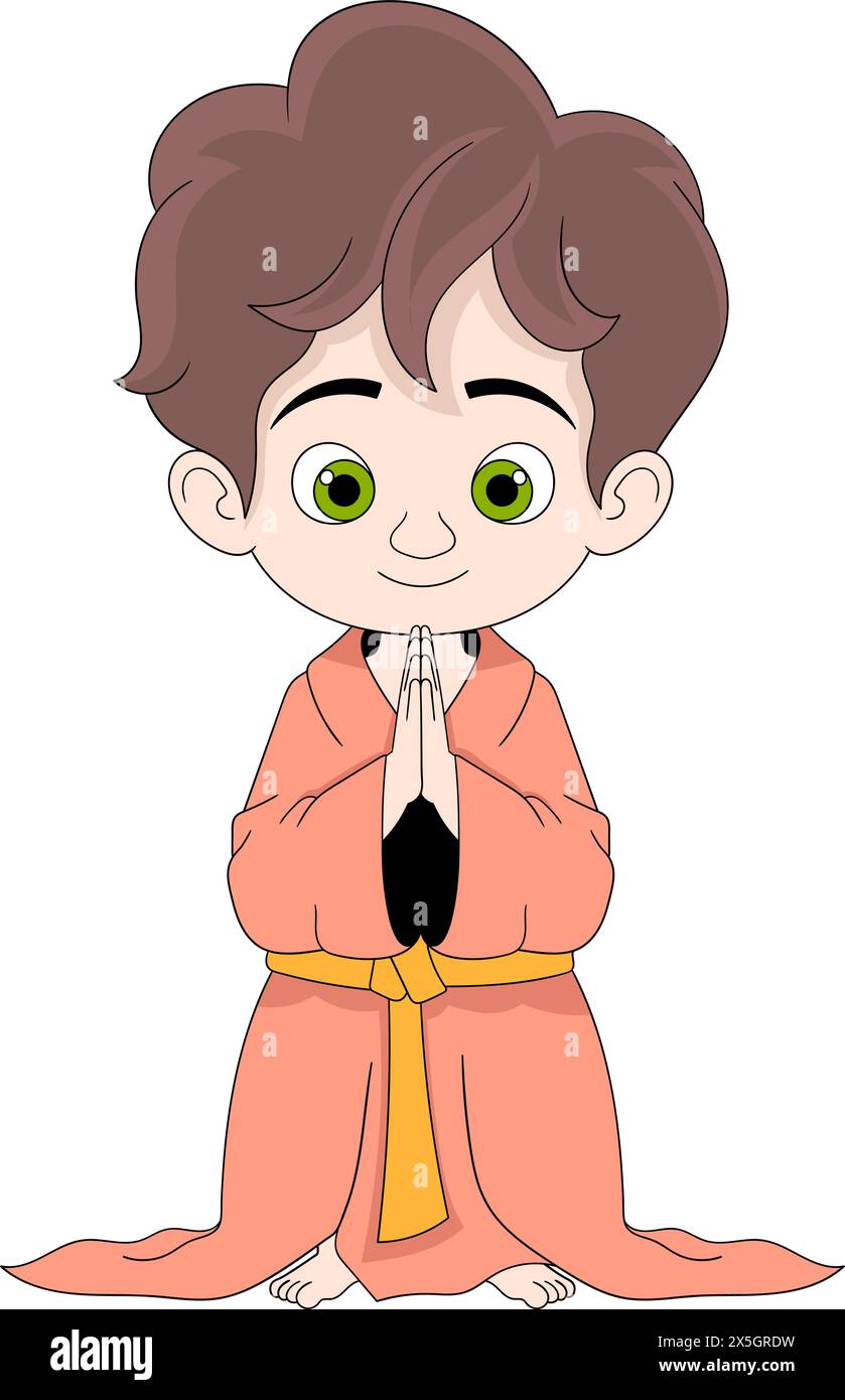 Illustration d'une personne religieuse, garçon bouddhiste marchant vers le temple, dessin créatif Illustration de Vecteur