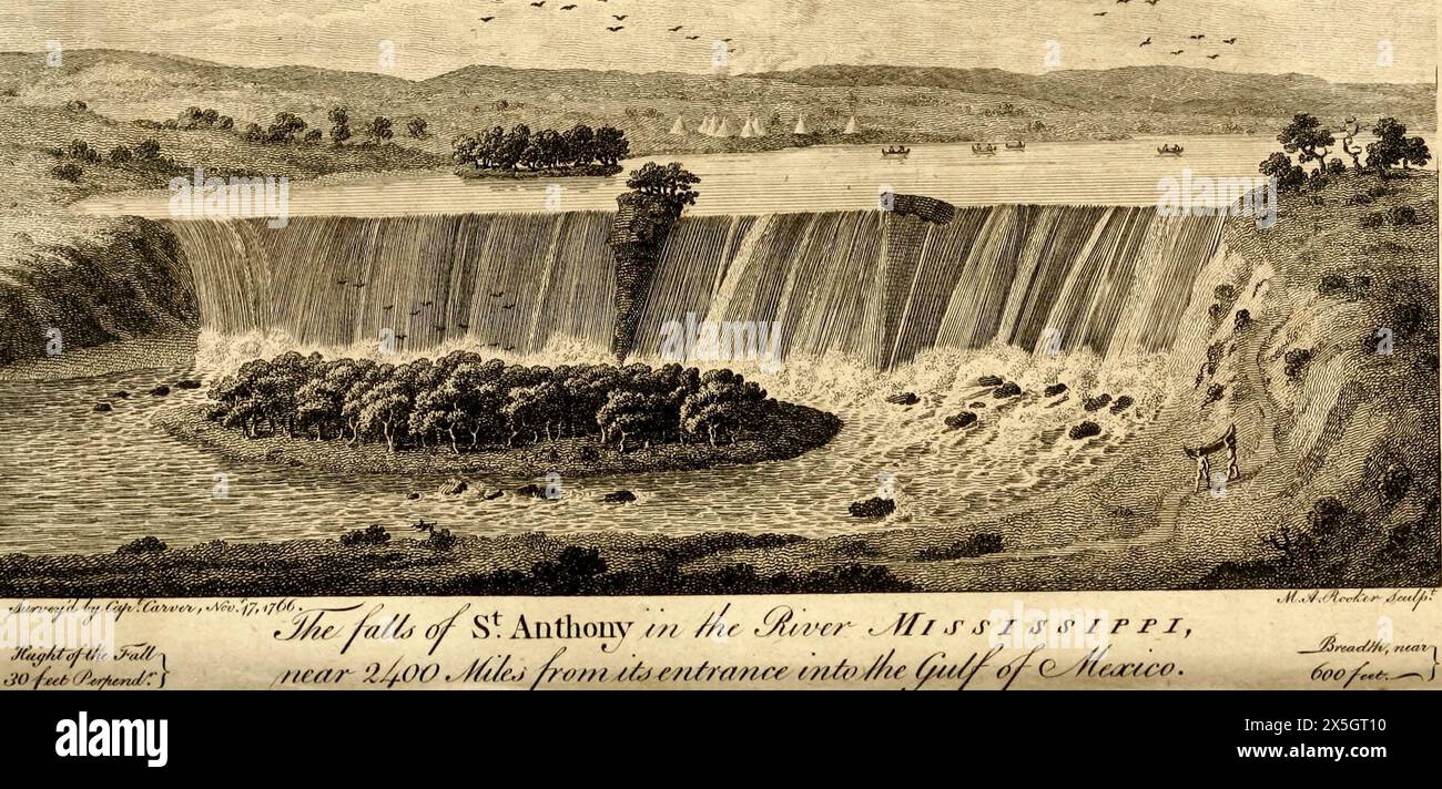 Une image des chutes Saint Anthony tirée du livre de Jonathan Carver de 1781 voyage à travers les régions intérieures de l'Amérique du Nord, dans les années 1766, 1767 et 1768 Banque D'Images