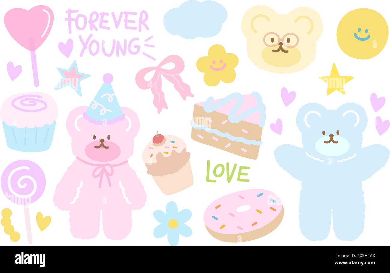 Illustration joyeux anniversaire avec ours en peluche, chapeau de fête, cupcake, gâteau, bonbons, donut, ruban rose, étoile pour carte d'anniversaire, fête, café, restaurant Illustration de Vecteur