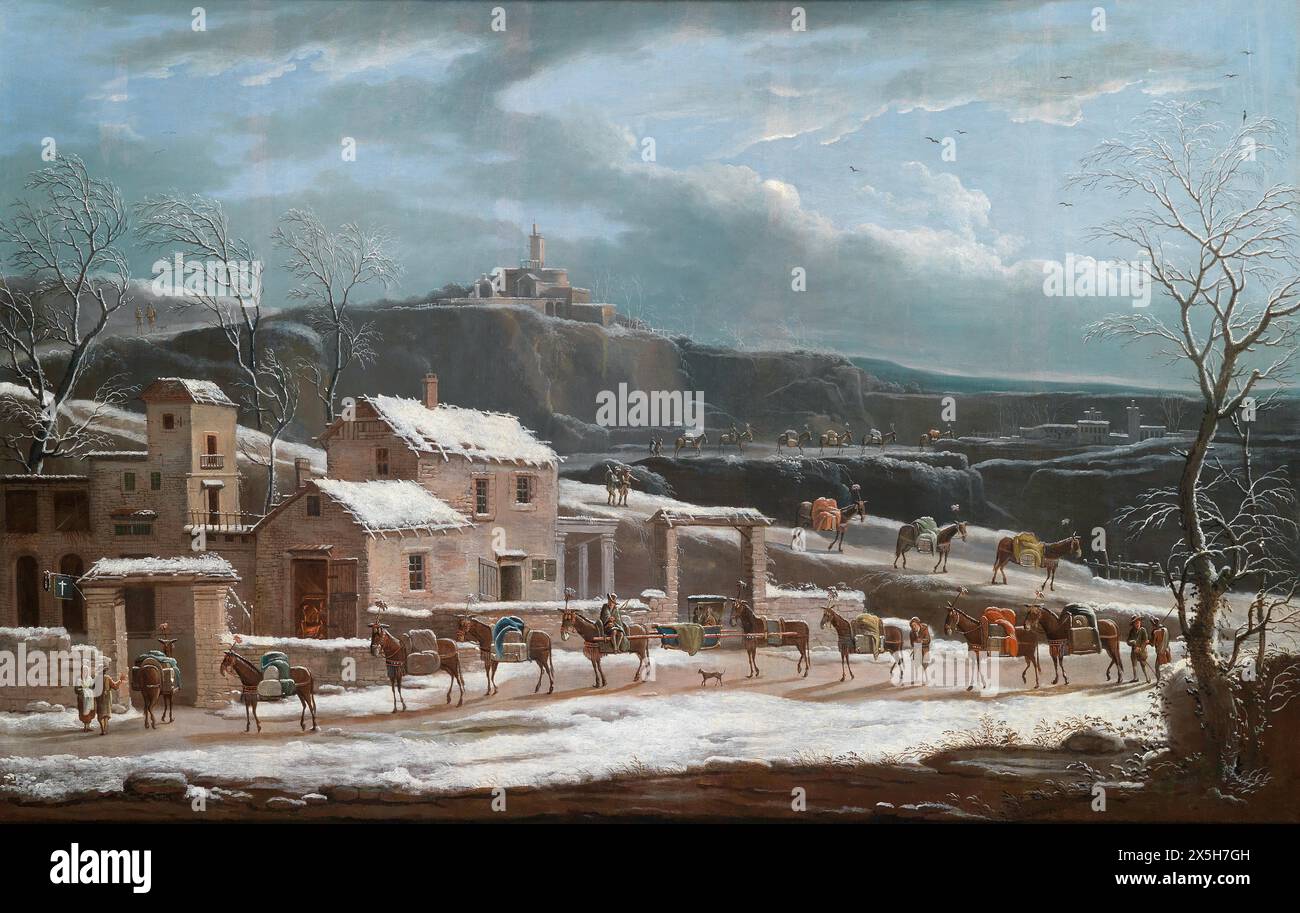 Caravane de chevaux s'arrêtant dans un village en hiver Jules Cesar Denis van Loo (1743-1821) - Banque D'Images