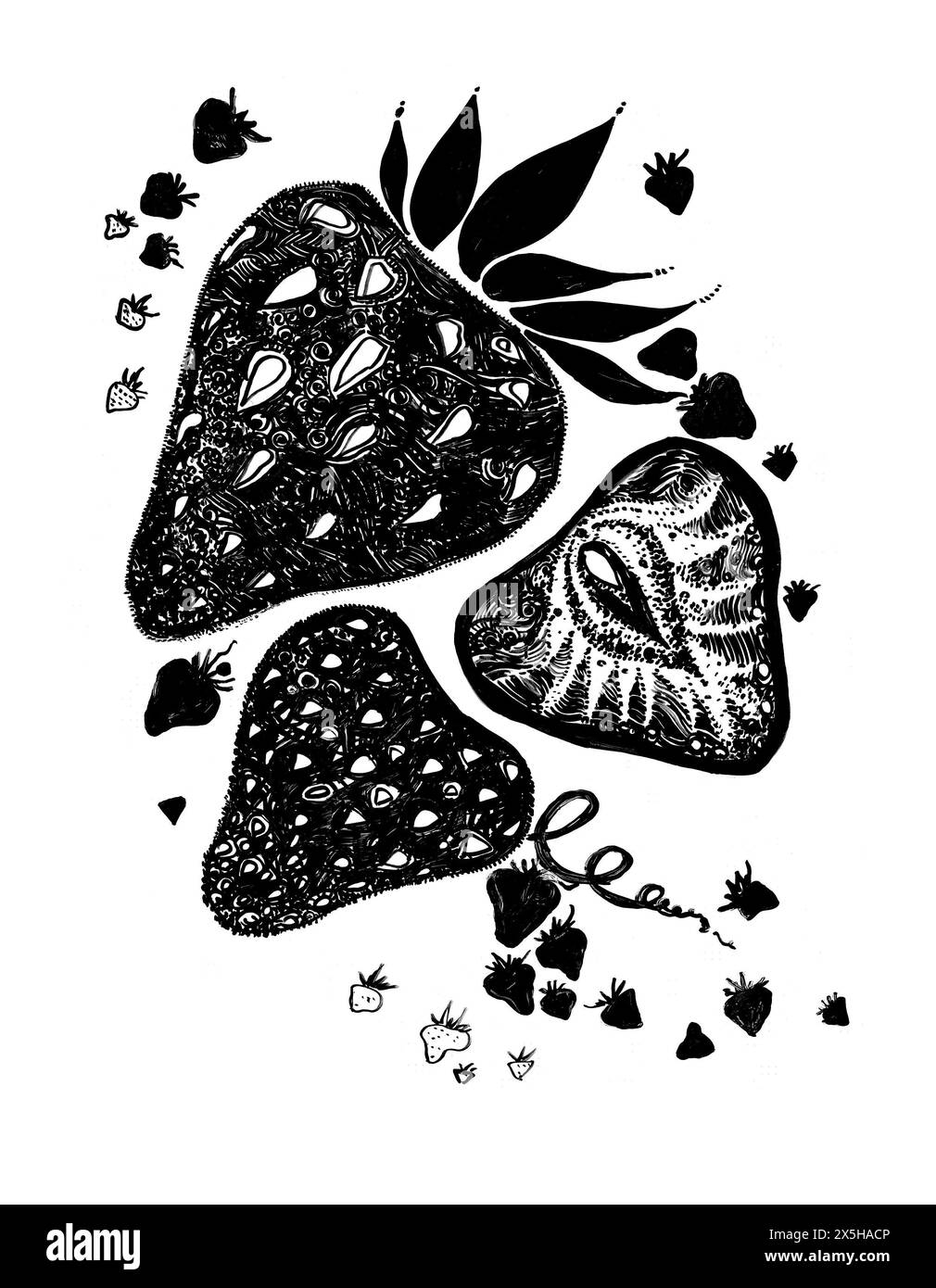 Illustration stylisée. Ensemble de fraises. Différentes tailles. Noir sur fond blanc. Dessiner avec un contour, un remplissage ou une texture. Les trois plus grands s Banque D'Images