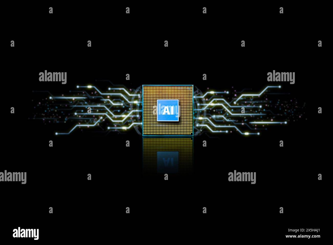 Le processeur d'ordinateur pour l'apprentissage automatique de l'intelligence artificielle ai et le motif de circuit électronique sur fond noir, intelligence artificielle ai Banque D'Images