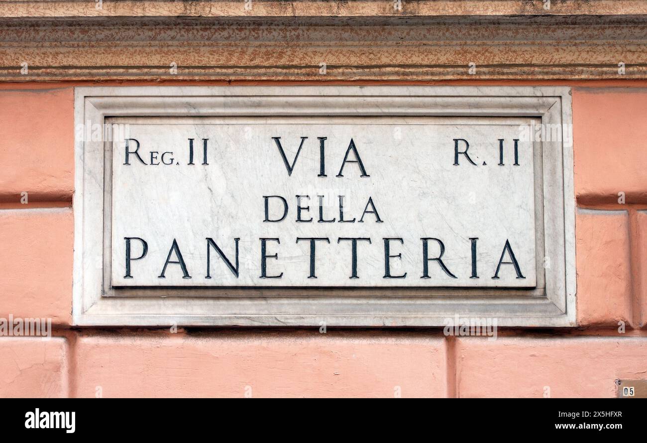 Panneau de rue en marbre via della Panetteria, Rome, Latium, Italie Banque D'Images