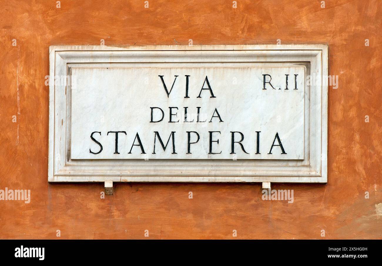 Panneau de rue en marbre via della Stamperia, Rome, Latium, Italie Banque D'Images