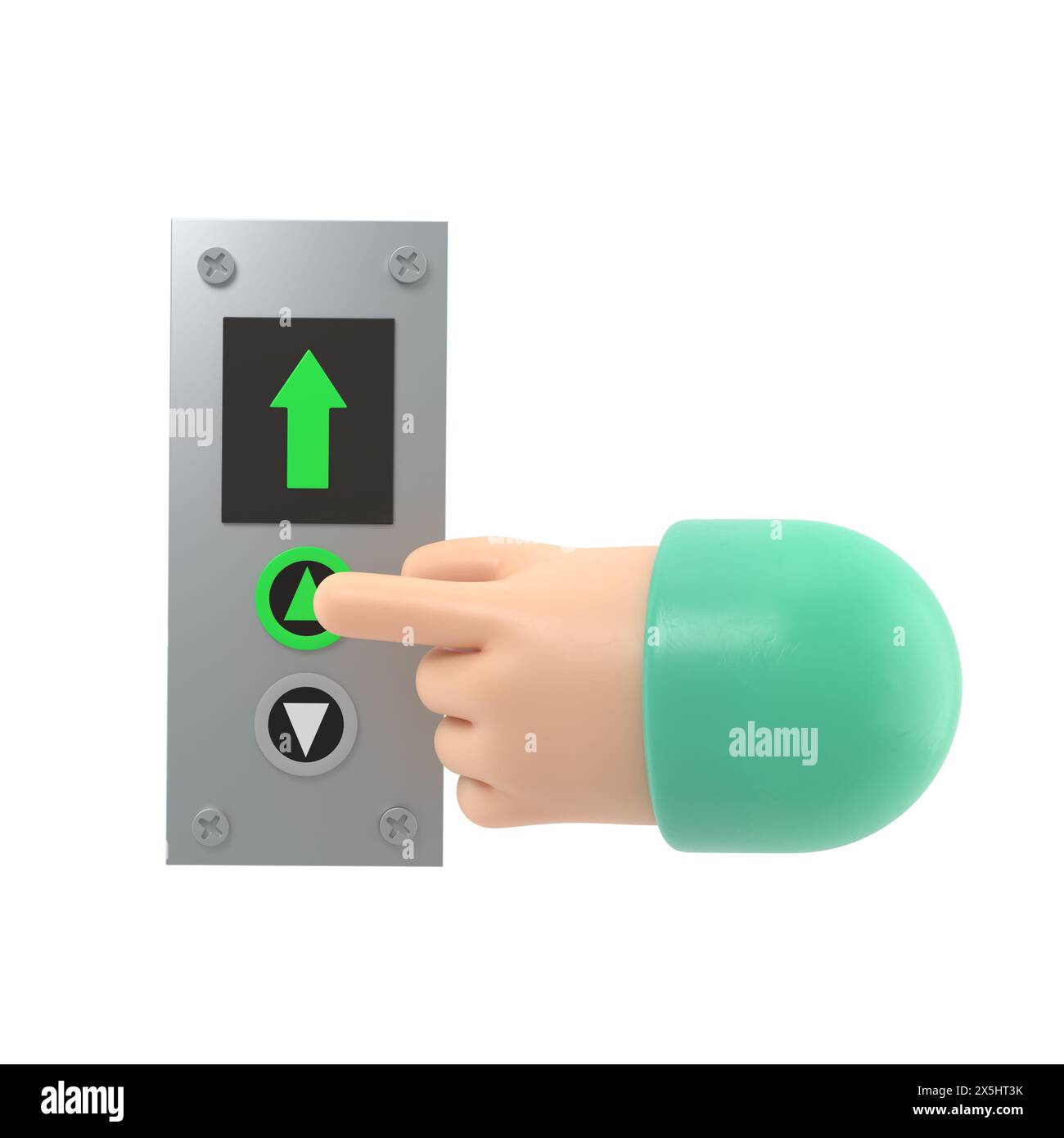 Homme d'affaires appuie sur le bouton de levage. conception plate d'illustration 3d. Appelez l'ascenseur. Flèche vers le haut. Montez au dernier étage. Doigt sur le bouton.rendu 3D activé Banque D'Images