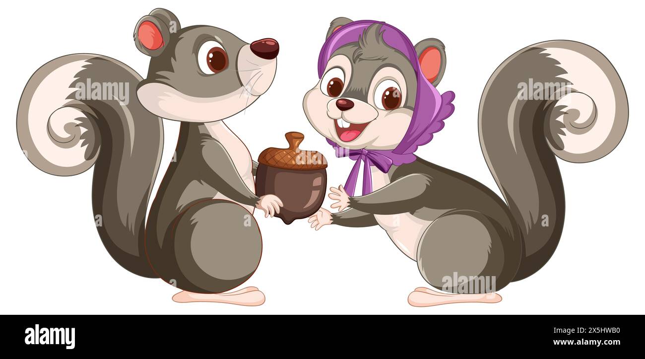 Deux écureuils de dessins animés échangeant un grand gland Banque D'Images