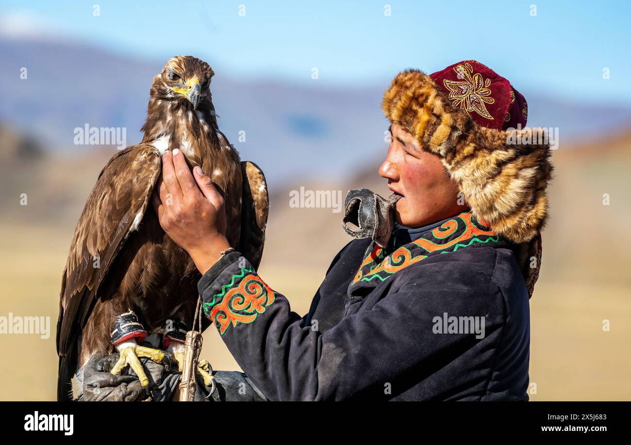 Asie, Mongolie, Province de Bayan-Oglii. Altaï Eagle Festival, jeune Kazakh se prépare à mettre une capuche sur son aigle. (Usage éditorial uniquement) Banque D'Images