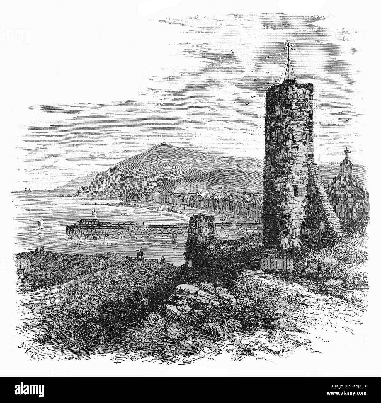 Aberystwyth, Ceredigion, pays de Galles, au XIXe siècle. Vue sur la baie depuis le château sur le côté sud de la ville, avec la jetée royale d'origine construite en 1865 dont la longueur totale était de 242 mètres (794 pieds). Illustration en noir et blanc de notre propre pays vol III publié par Cassell, Petter, Galpin & Co à la fin du XIXe siècle. Banque D'Images