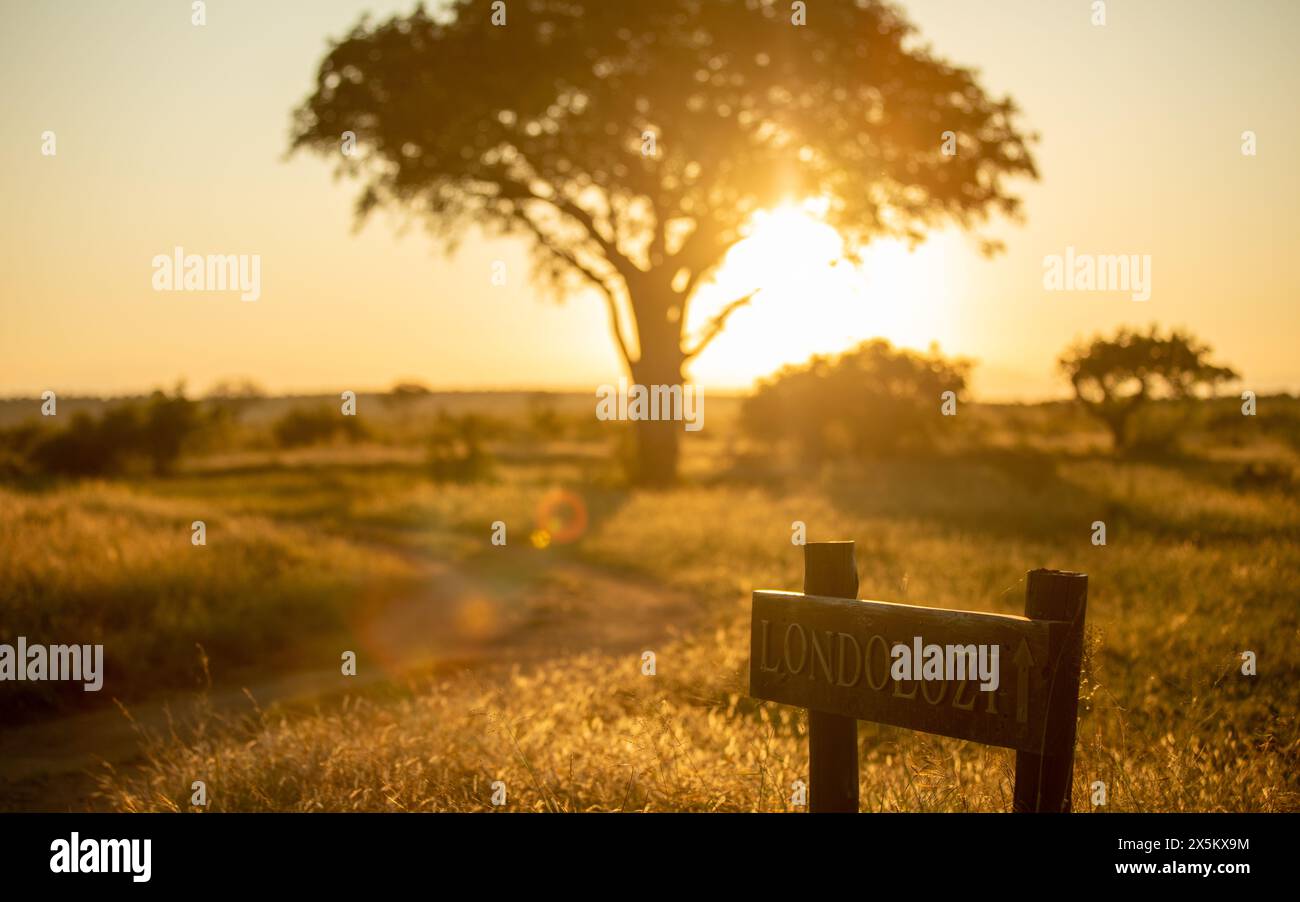 Un panneau de réserve Londolozi, coucher de soleil allumé. Banque D'Images
