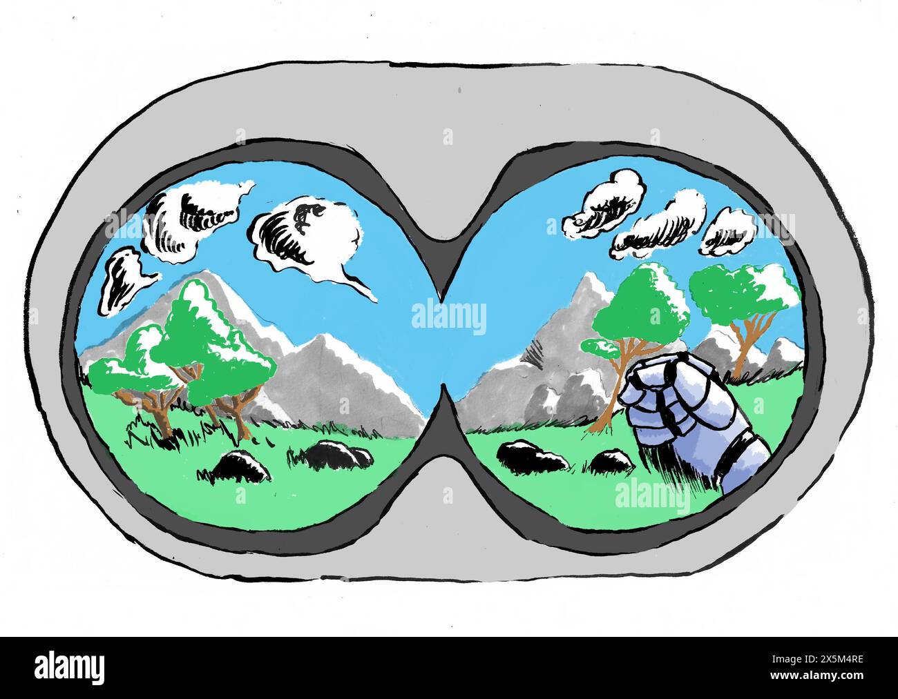 Paysage de montagne et poing vu à travers des jumelles, illustration Banque D'Images