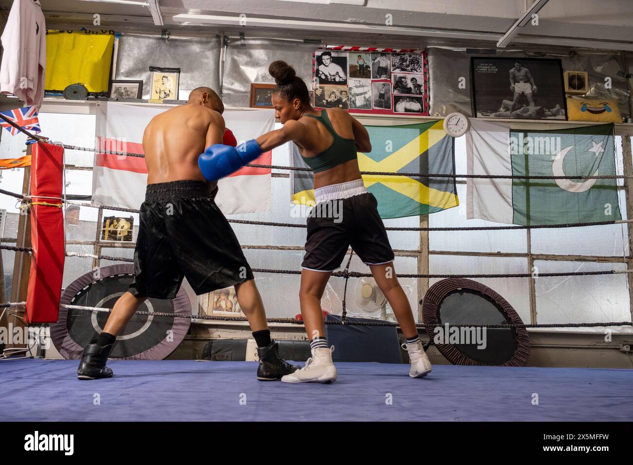 Femme et homme combattant dans le ring de boxe Banque D'Images