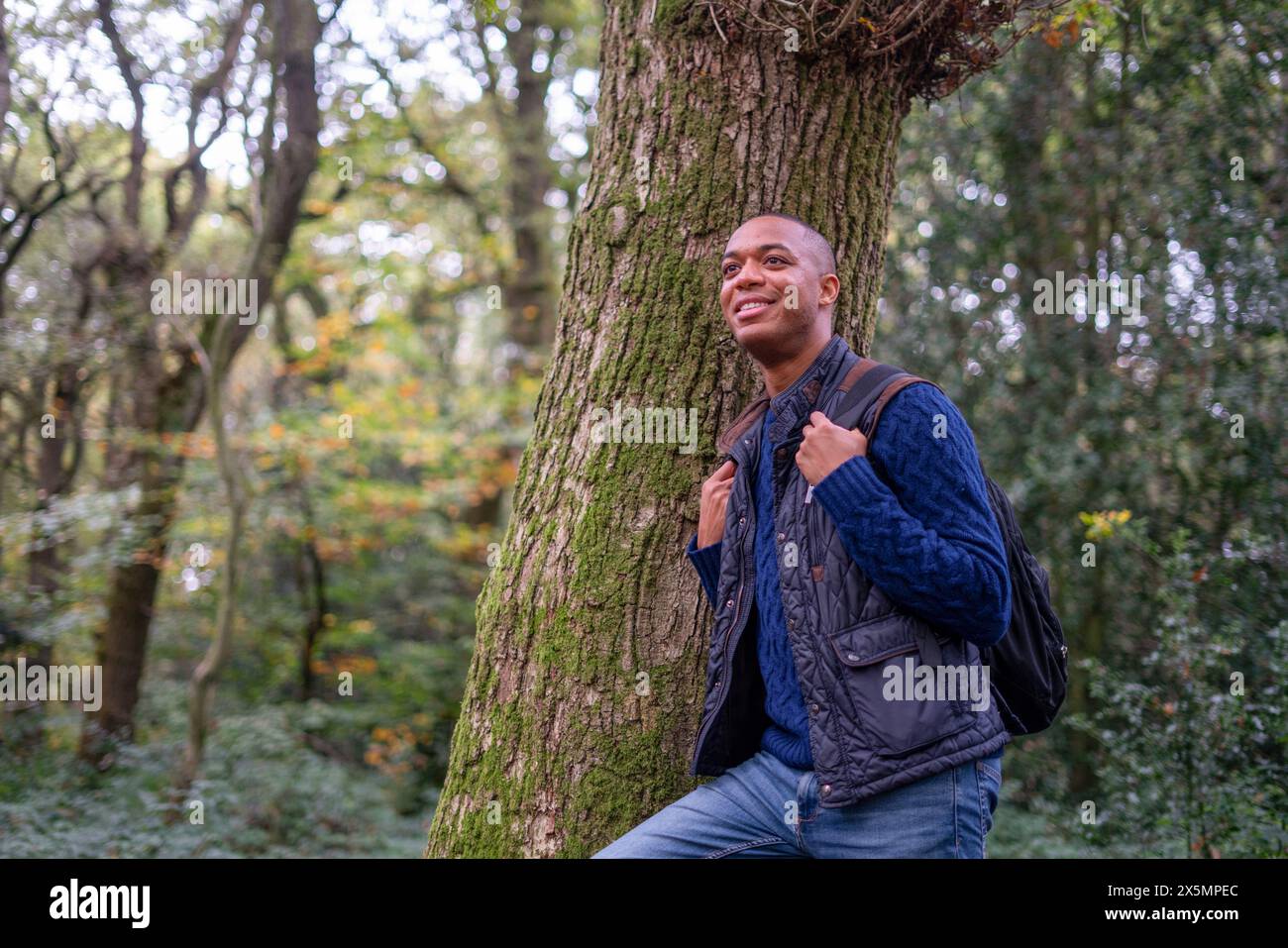 Homme souriant randonnée dans la forêt Banque D'Images