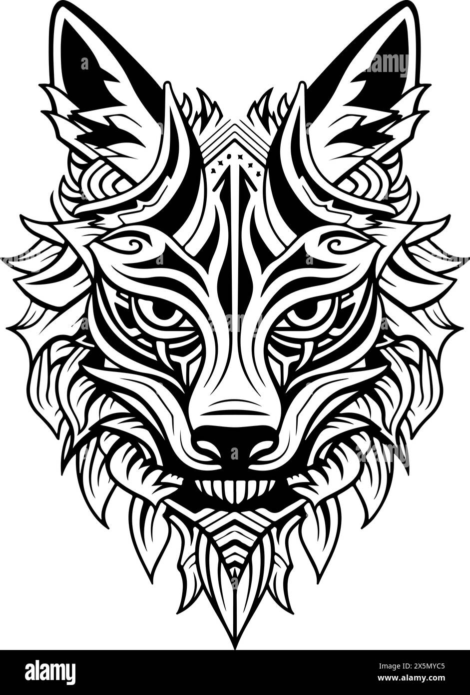 Dessin noir et blanc d'un loup avec une crinière. Le loup a un regard féroce sur son visage. Modèle de logo de tête de loup ornemental. Illustration de Vecteur