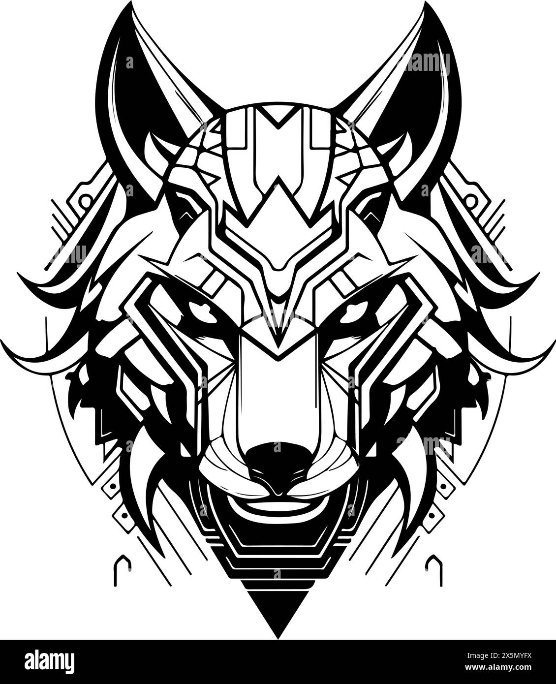 Dessin noir et blanc d'un loup. Le loup a un regard menaçant sur son visage. Concept de danger et de pouvoir. Futuriste, cyber modèle de logo de tête de loup Illustration de Vecteur