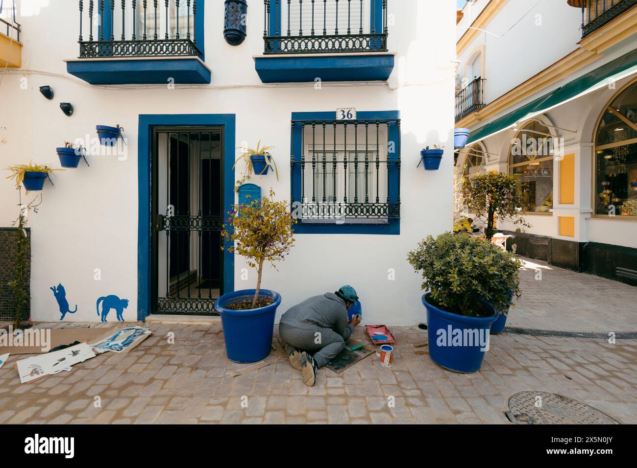 Homme adulte caucasien peignant des chats décoratifs sur un bâtiment de maison de tourisme Banque D'Images